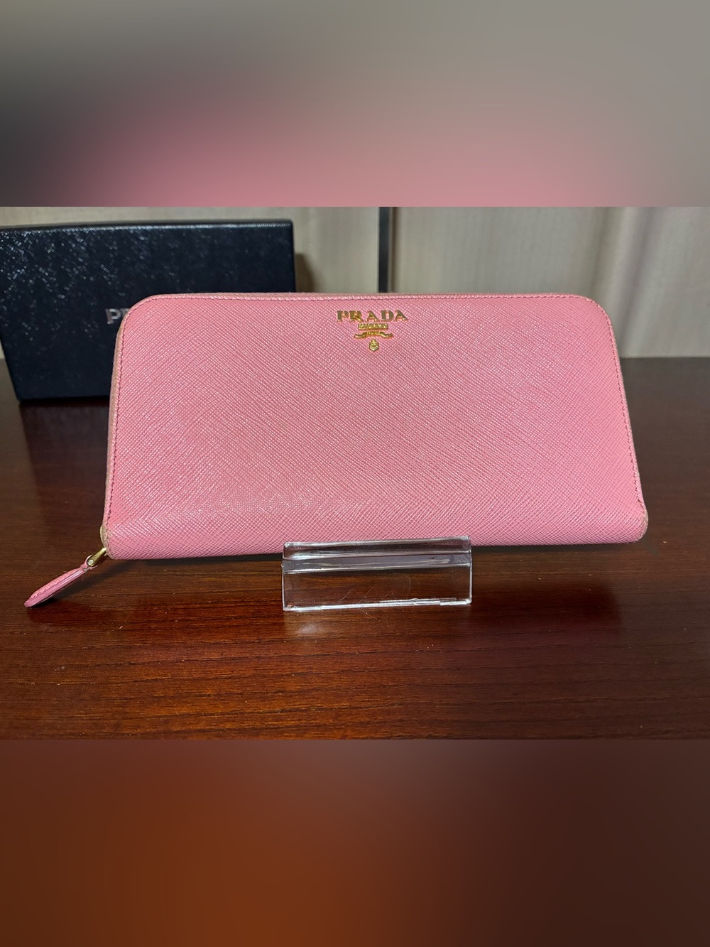 Prada Pink Saffiano Zip-Around Wallet with Gold Logo